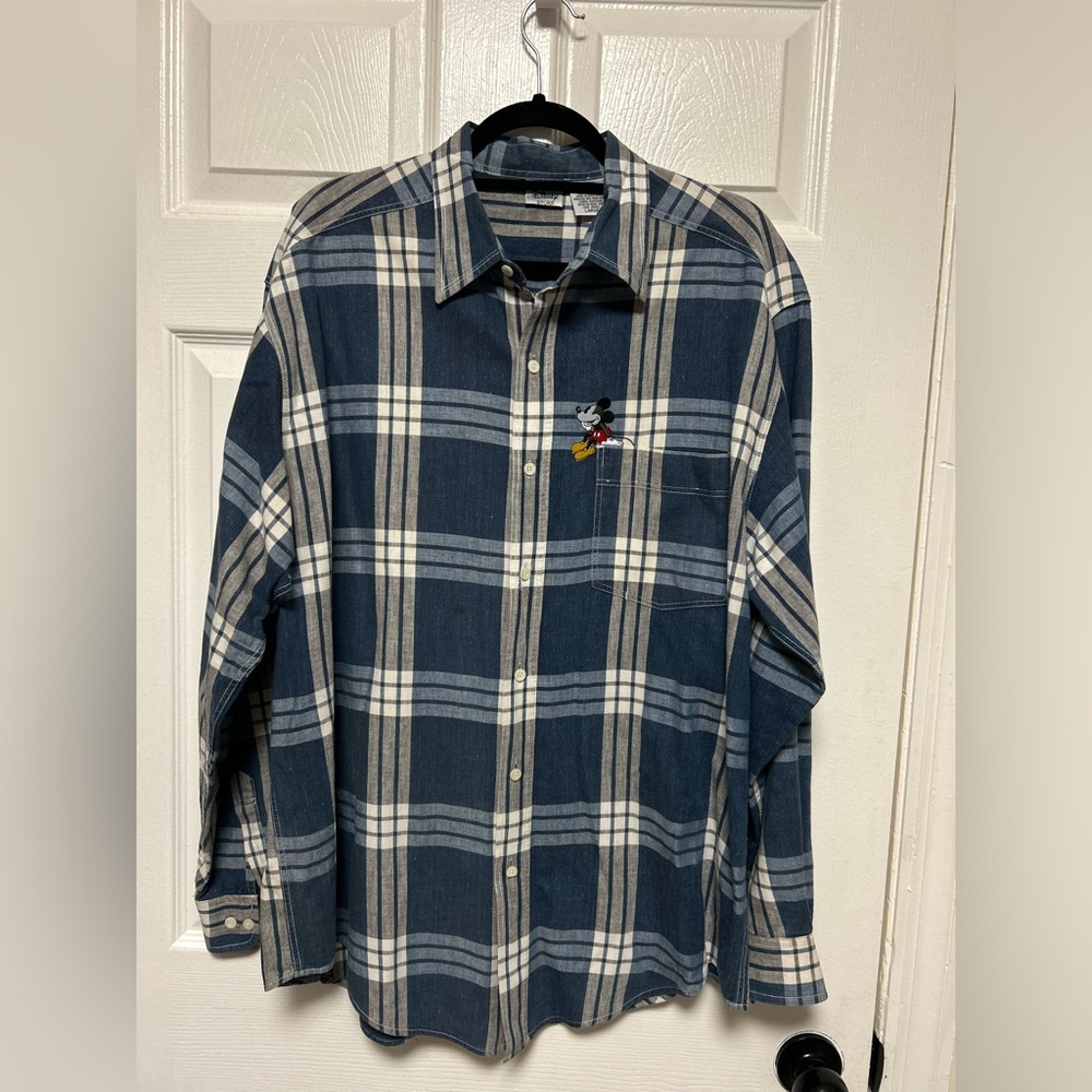 Disney Store Men's L Mickey Mouse Embroidered Blue Plaid Button-Down Shirt